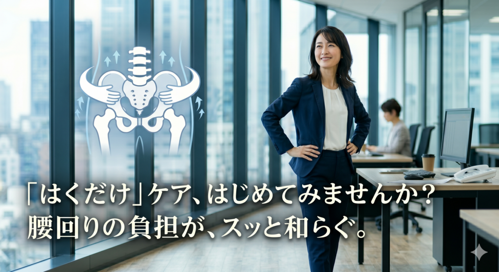 オフィスのデスク横で腰に手を当てて笑顔で立つ40代女性と、骨盤が両手で優しく包み込まれるようにサポートされている補正イメージのイラスト