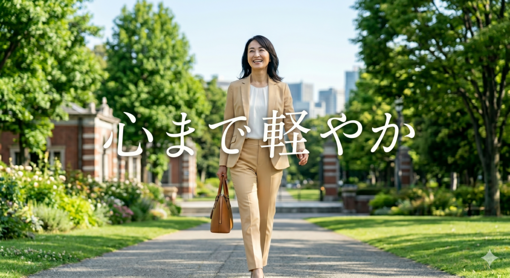 緑豊かな公園の遊歩道を、正しい姿勢で笑顔でのびのびと歩くベージュのスーツ姿の40代女性(まとめセクションのイメージ)