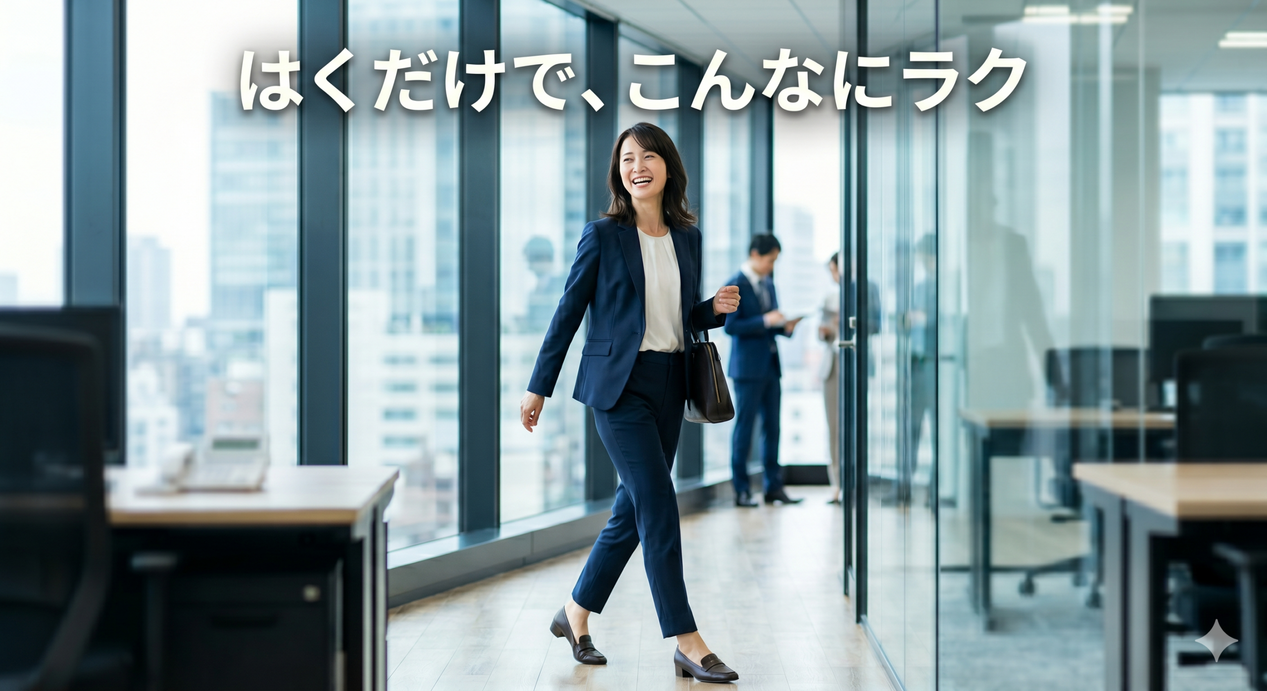 オフィスを笑顔で颯爽と歩くビジネススーツ姿の40代女性（整体ショーツNEO+のアイキャッチ画像）