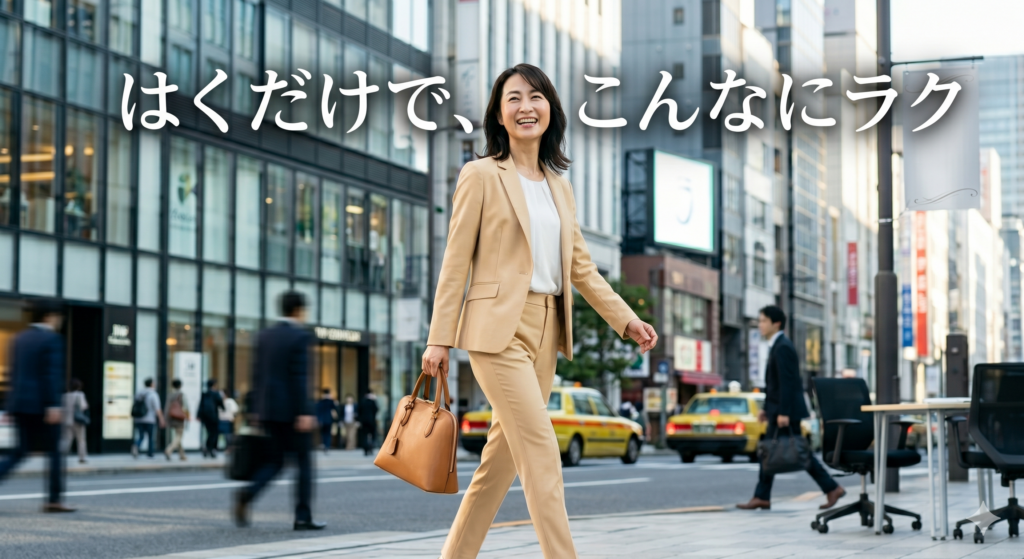 明るいベージュのパンツスーツを着て、笑顔で街中を颯爽と歩く40代のビジネス女性(整体ショーツNEO+の特徴解説イメージ)