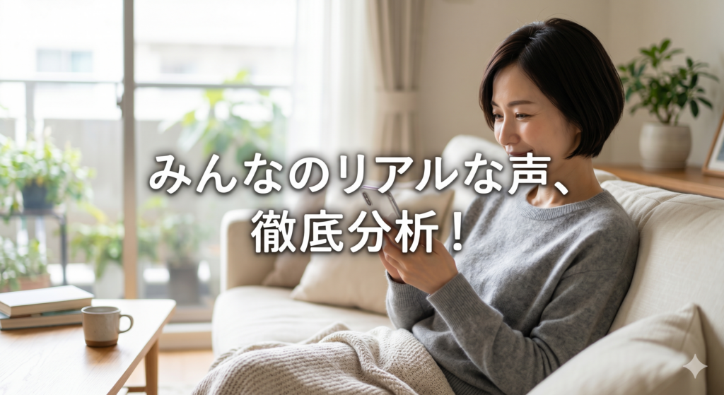 ショートヘアの40代女性が、明るいリビングのソファーでくつろぎながら、スマホで熱心に口コミ情報をチェックしている。手元にはスマホがあり、真剣ながらも興味深げな表情を浮かべている。中央に「みんなのリアルな声、徹底分析!」という文字が入っている。