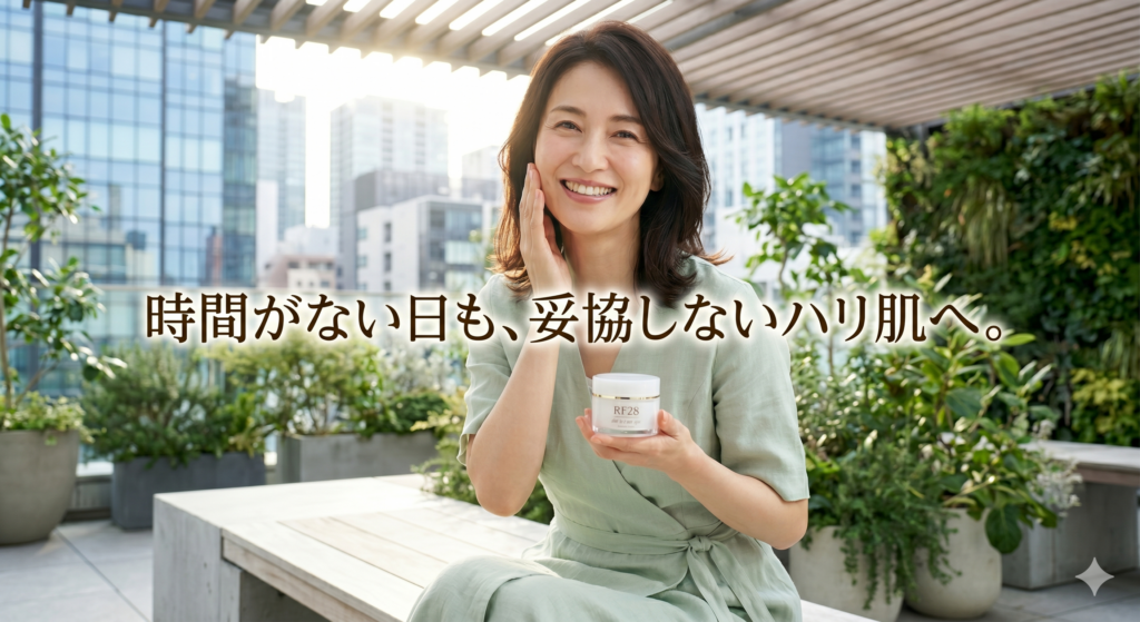洗練された都市のテラスで、薄いグリーンのワンピースを着て座っている40代の日本人女性。右手には「RF28 ミラクルワン リッチ&リフト」のジャーを持ち、左手は頬に当てて、自信に満ちた笑顔でこちらを見ている。背景にはBlurredな都市のビル群と豊かな緑が見える。中央に「時間がない日も、妥協しないハリ肌へ。」という文字が、明るい白とピンクのグラデーションで入っている。