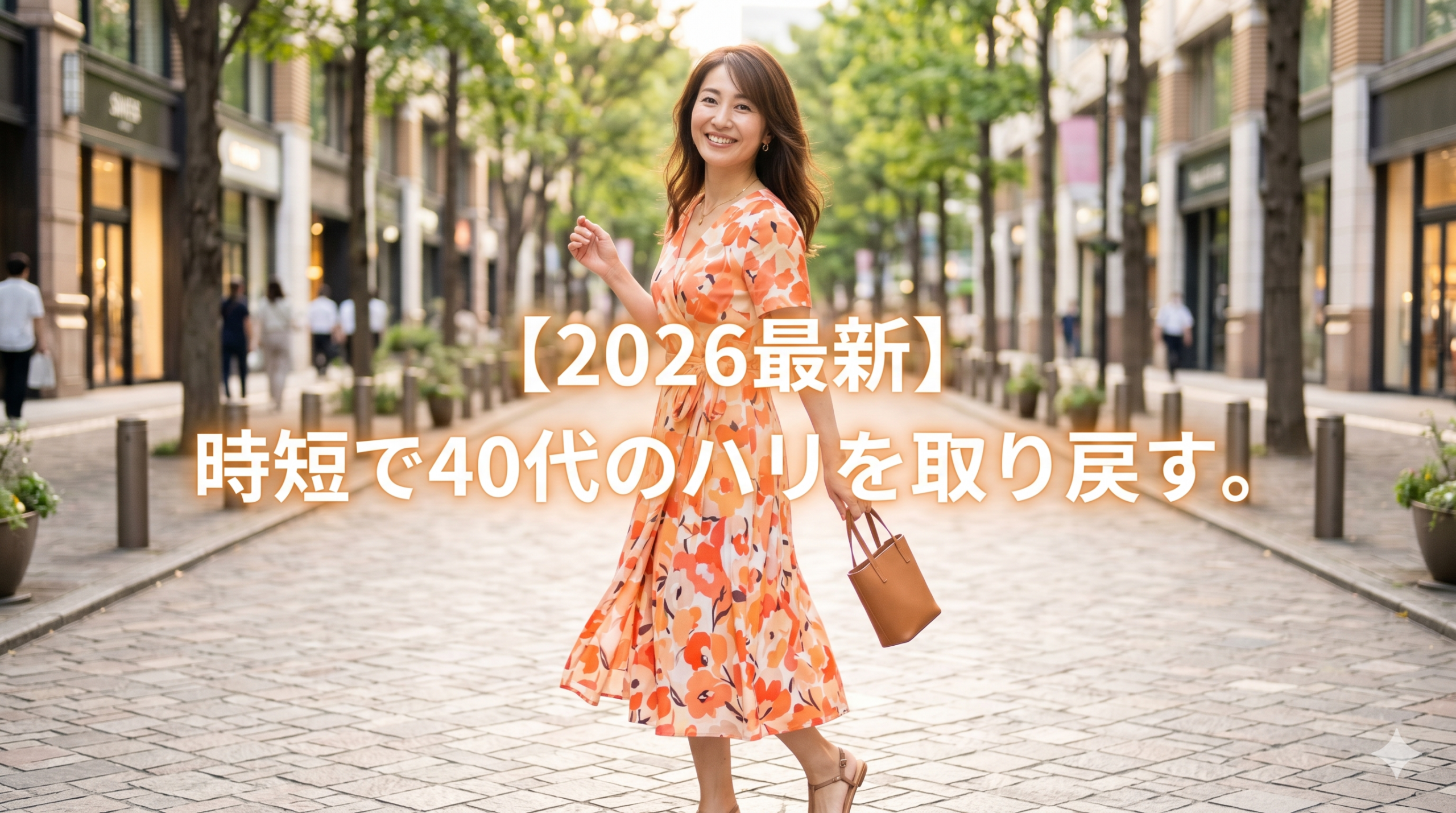 2026年の都市で、オレンジ系の明るい花柄ワンピースを着た40代の日本人女性が、自信に満ちた笑顔で街を元気に歩きながら、振り返ってこちらを見ている。中央に「【2026最新】時短で40代のハリを取り戻す。」という文字が、明るいピンクとオレンジのグラデーションで入っている。