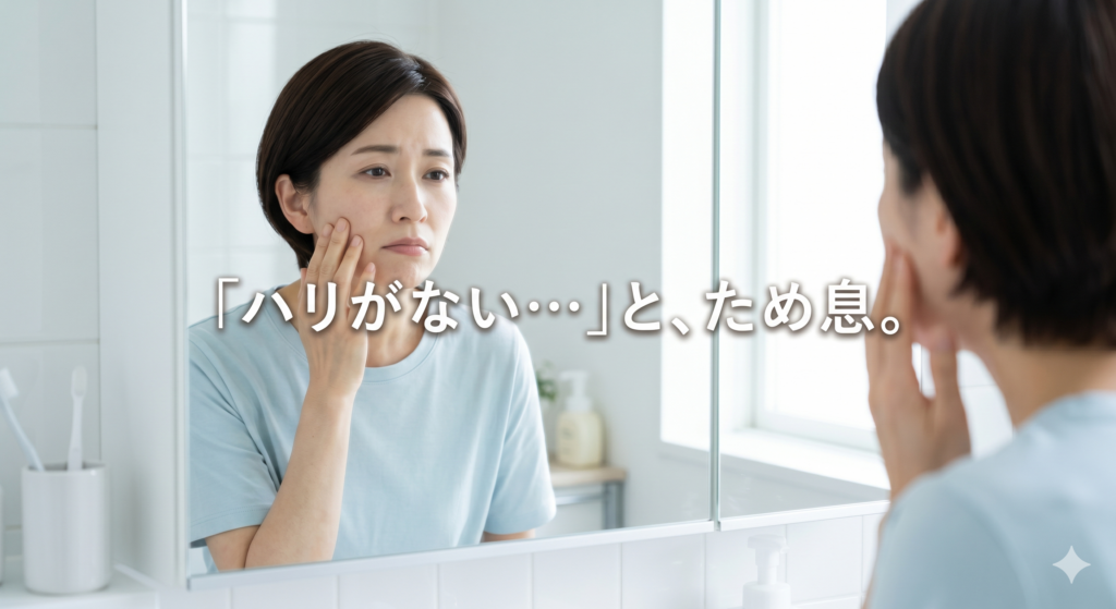 鏡の前で自分の頬に触れ、お肌のハリ不足を感じて少し落ち込んでいるショートヘアの40代女性。薄い水色のTシャツを着ている。中央に「「ハリがない…」と、ため息。」という文字が入っている。
