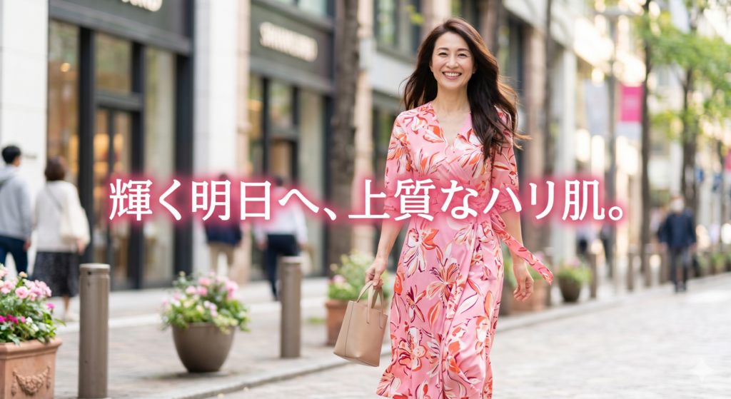 華やかなピンクの花柄ワンピースを着たロングヘアの40代日本人女性が、洗練された都会の街並みをウキウキとした様子で元気に歩いている。こちらを向いて満面の笑顔を浮かべており、髪が風になびいている。中央に「輝く明日へ、上質なハリ肌。」という文字が、優しく光るピンクのグラデーションで入っている。