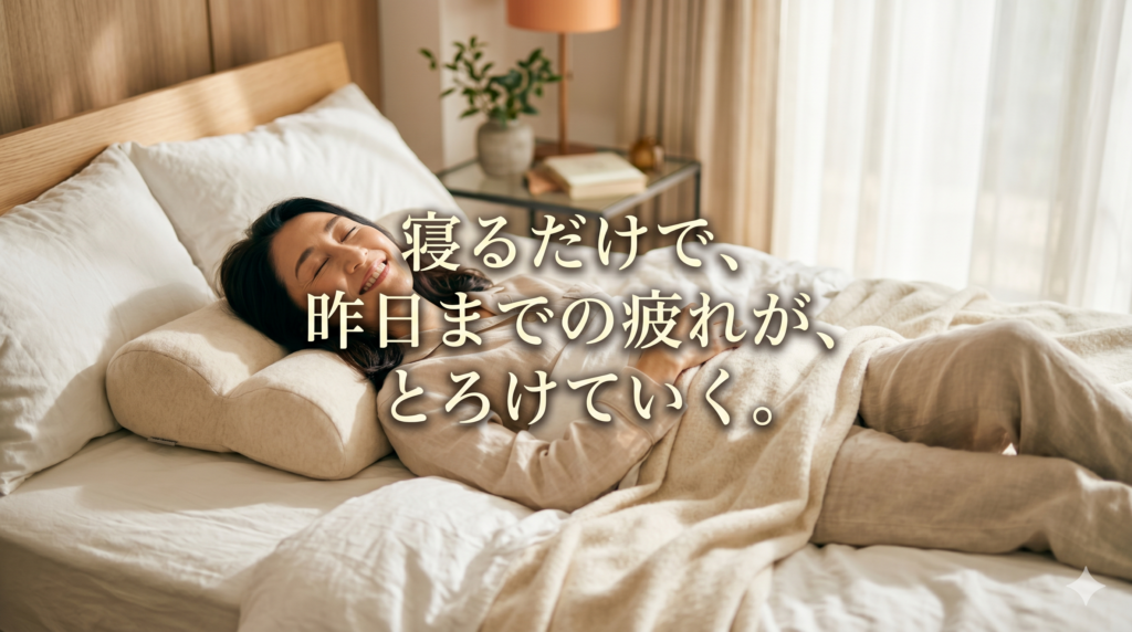 居心地の良さそうな寝室のベッドで、特許取得の整体枕『THE MAKURA』に頭と肩を乗せ、とても気持ちよさそうにリラックスして眠る40代女性の姿。「寝るだけで、昨日までの疲れが、とろけていく。」という洗練されたキャッチフレーズが中央に配置されている。