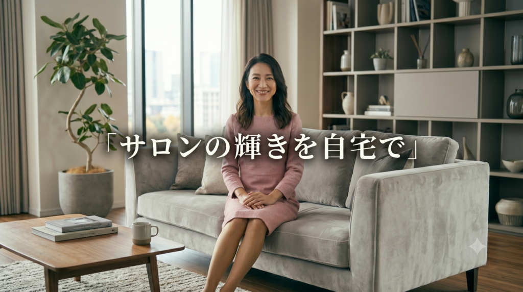 ピンクのツイードワンピースを着た40代女性が、洗練された自宅のリビングのソファに座り、穏やかな笑顔でこちらを見ている画像。中央に「サロンの輝きを自宅で」のテキスト。