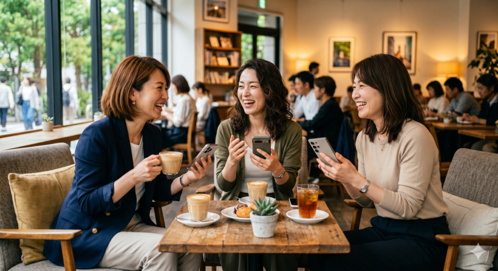 おしゃれで明るいカフェのテラス席で、40代の女性3人がそれぞれスマートフォンを片手に持ち、お茶をしながら笑顔で楽しそうに会話をしている様子。口コミや評判を共有し合っているような親しみやすい雰囲気。