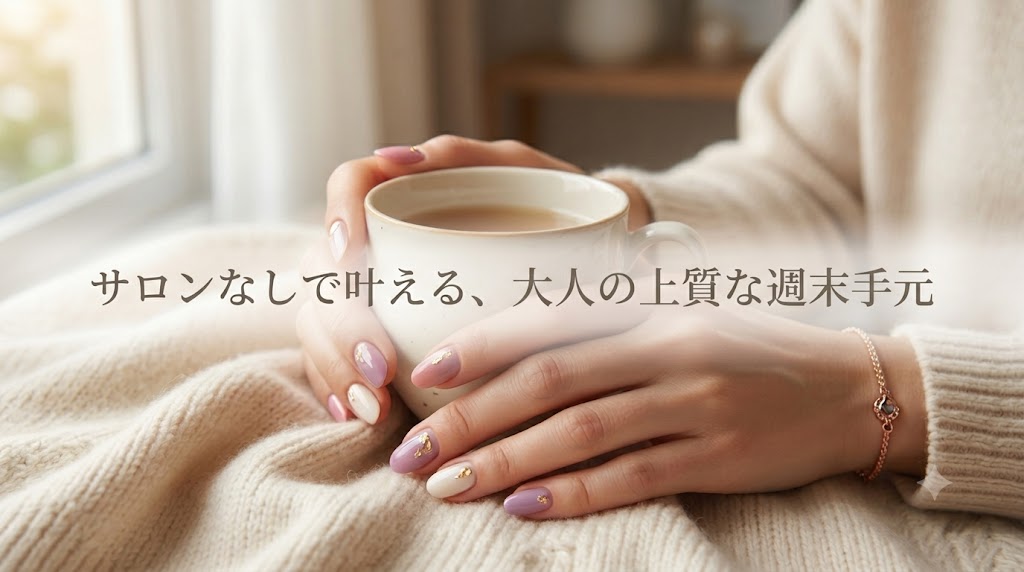 2026年最新、40代女性の上品な週末ネイル。ピンクやパープルのネイルチップを纏った手元のアイキャッチ画像。