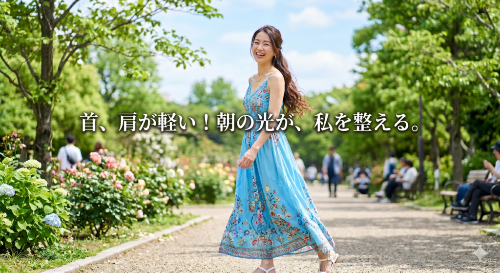 緑豊かな公園の花道で、水色の花柄ワンピースを着たロングヘアの40代女性が、満面の笑みで軽やかに歩いている画像。「首、肩が軽い！朝の光が、私を整える。」という洗練されたキャッチフレーズが中央に配置されている。