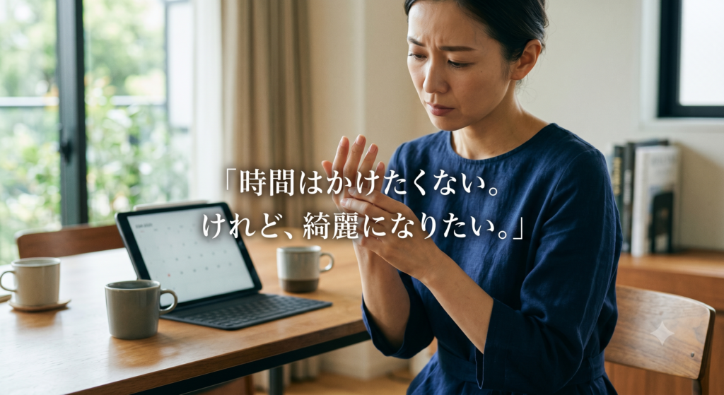 ブルーのワンピースを着た40代の女性が、洗練された室内で、自分のすっぴん爪を見つめながら悩んでいる、共感を誘う画像。中央に「時間はかけたくない。けれど、綺麗になりたい。」のテキスト。