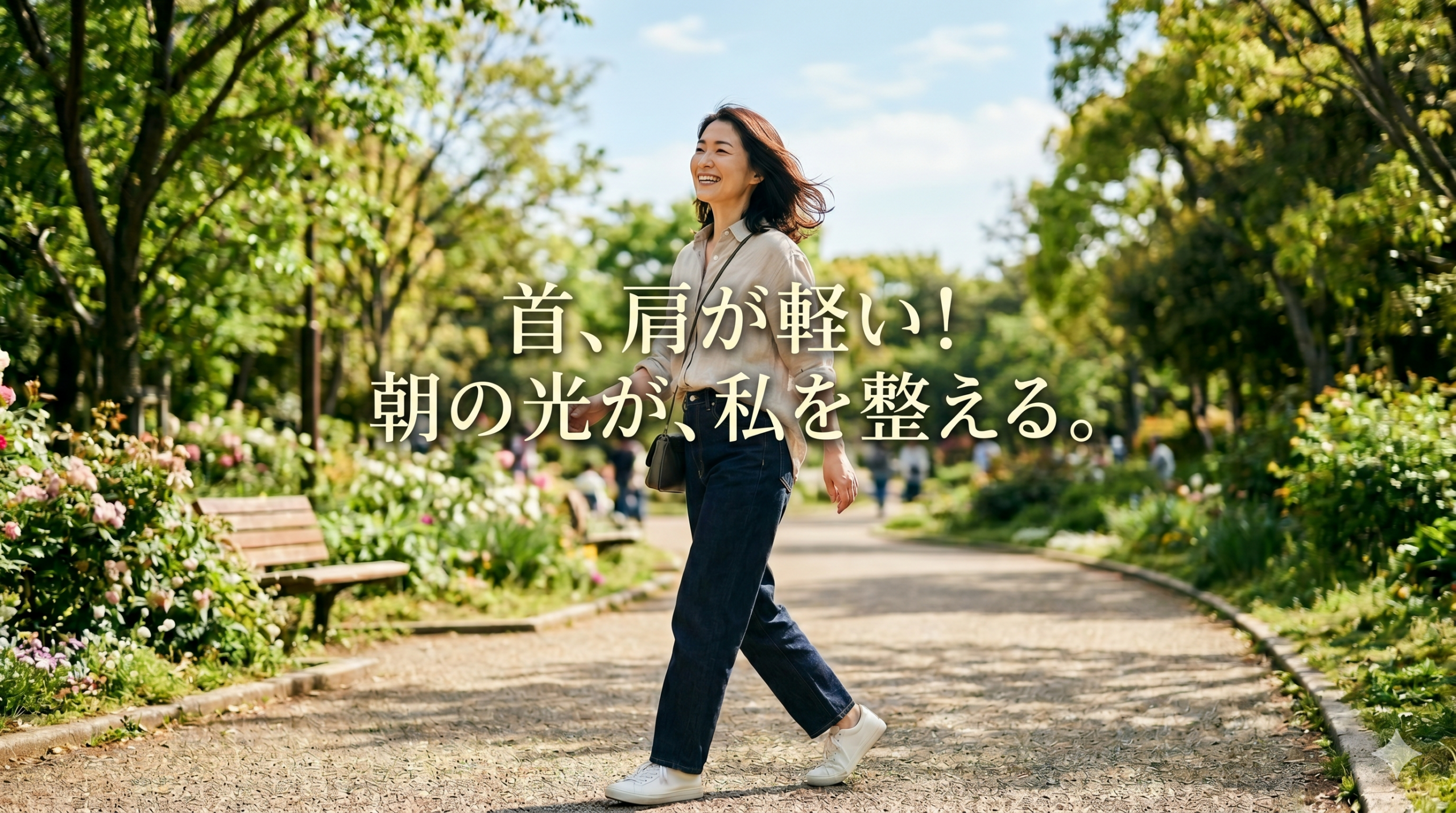 緑豊かな公園で、セミロングの女性が「首、肩が軽い！朝の光が、私を整える。」というキャッチフレーズと共に、満面の笑みで軽やかに歩いている画像。40代女性のしつこい首こりや慢性的な疲れが解消された喜びを表現している。