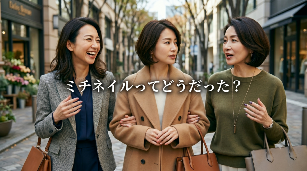 週末の街並みを笑顔でおしゃべりしながら歩く、3人の40代女性たち。中央に「ミチネイルってどうだった？」というクチコミセクション向けのテキスト。
