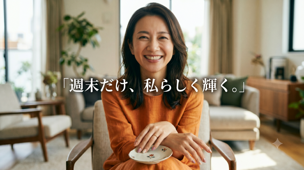 オレンジ色のワンピースを着たセミロングの40代女性が、洗練された室内で、上品なネイルチップを纏った両手をひざに自然に置き、自信に満ちた笑顔でこちらを見ている、リラックスしたポジティブな画像。中央に「週末だけ、私らしく輝く。」のテキスト。