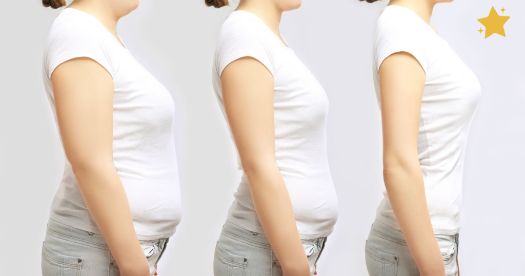 女性のお腹周りのシルエットが左から右へ段階的に引き締まっていく3枚の比較画像。右端には成功を象徴する星のマーク。