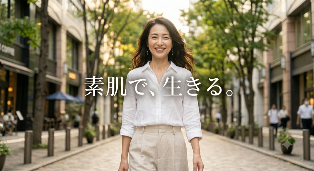 Radiant, confident 40s woman in street with catchphrase "Heart leaps"