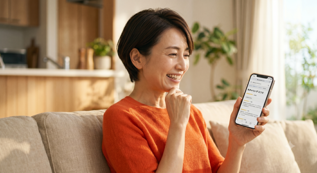 自宅のソファに座り、オレンジのトップスを着たショートヘアの40代日本人女性が、笑顔でスマホを片手に持ち、画面を覗き込んでいる様子。スマホには口コミサイトのような和漢テクスチャーの画面が表示されている。リラックスした雰囲気のリビングルーム背景。自然光。